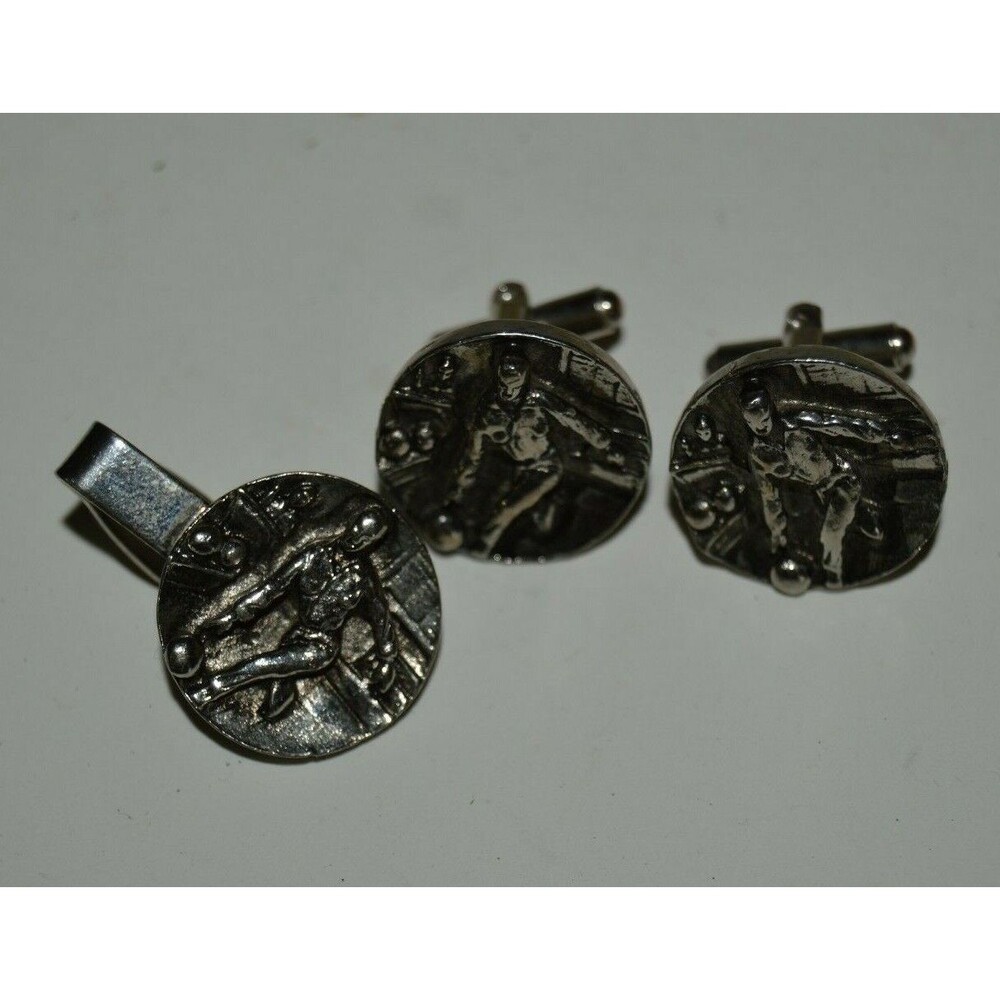 Vintage Large Silver Tone 3D Bowling Bowler Round Cuff Links Tie Bar Set RARE